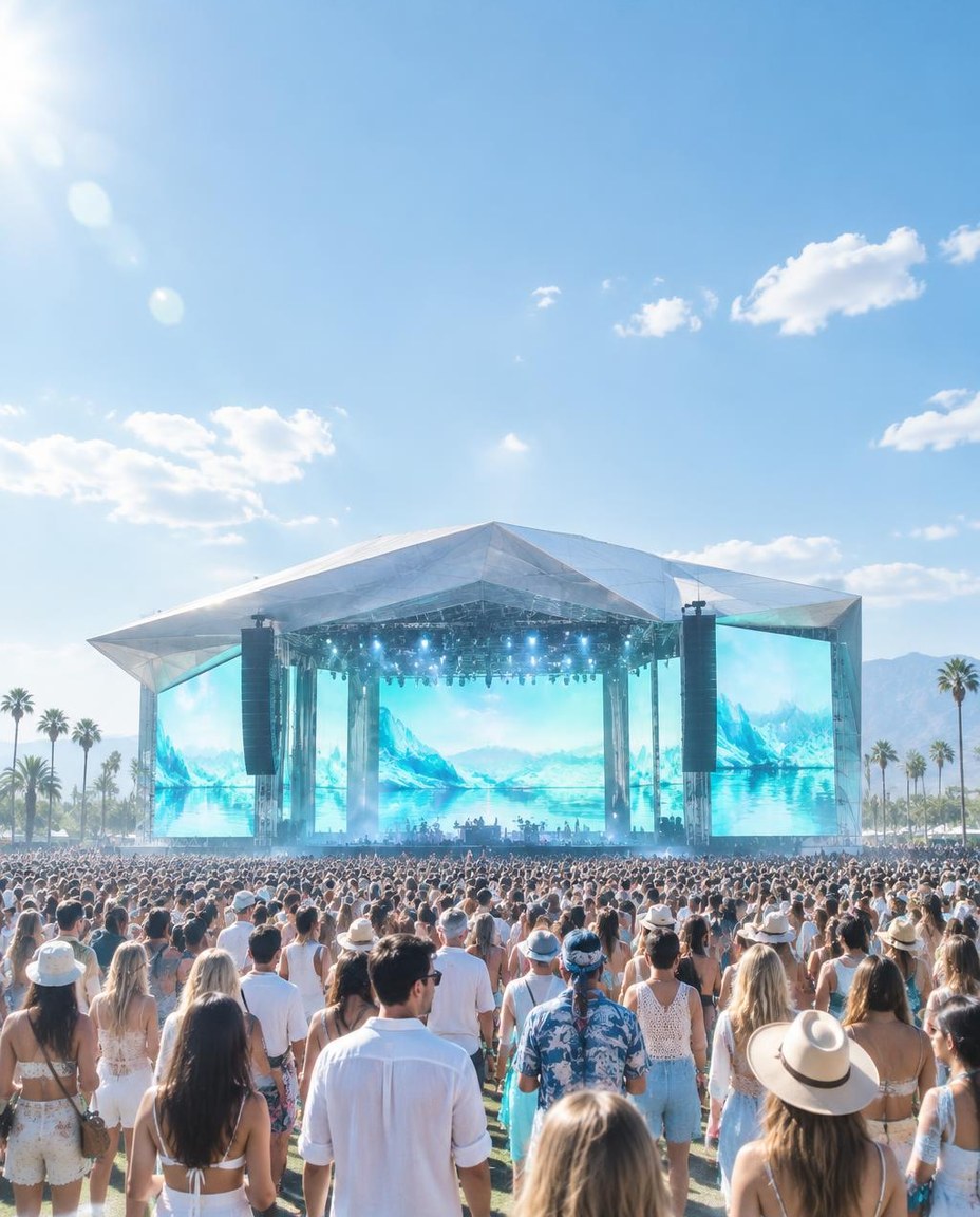 A packed main stage at a major outdoor music festival in bright daylight